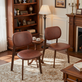 Sunvega Mid-Century Modern Black Vegan Leather Dining Chairs with Walnut Base Set of 2