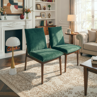 Sunvega Dark Green Velvet Upholstered Dining Chair Set of 2 With Solid Wood Legs