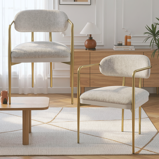 Sunvega Beige Chenille and Gold Arm Chair Set with Metal Legs and Marble Top