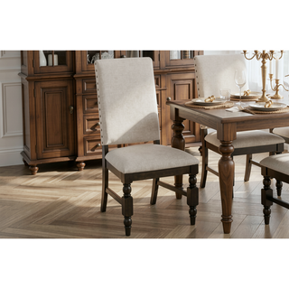 Sunvega Dark Oak Finish Wooden Dining Chairs Set of 2 with Cream Upholstery