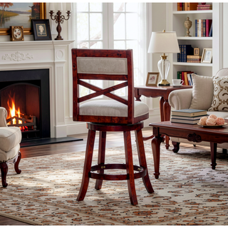 Sunvega 24 Inch Counter Height X-Back Swivel Stool with Beige Fabric Seat and Cherry Finish