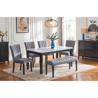 Sunvega Transitional Dining Table with Faux White Marble Top and Black Wood Base