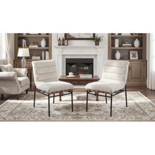 Sunvega Boucle Upholstered Chair with Cognac PU Leather Detailing and Black Iron Legs