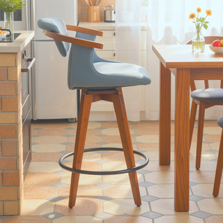 Sunvega Mid-Century Modern Counter Stool with Walnut Bamboo Frame and Grey Faux Leather