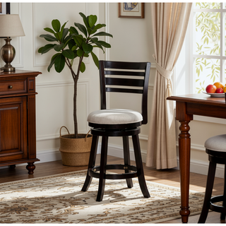 Sunvega Cherry Finish Beige Fabric Slat Back Swivel Stool for Counter Height