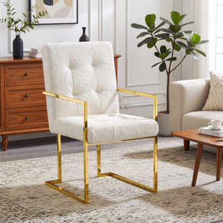 Sunvega Modern Linen Dining Arm Chair with Tufted Design and Gold Metal Base