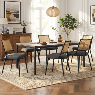 Sunvega Mid-Century Modern Dining Chairs with Rattan Backrest & Thick Boucle Cushion