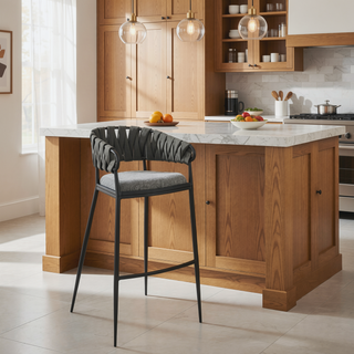 Sunvega Black Metal Bar Stool with Gray Faux Leather Accented Back and Fabric Seat