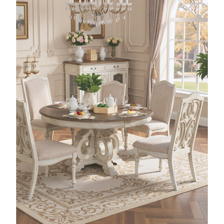 Sunvega Antique White Upholstered Seat Side Chair with Intricate Wood Inlay Detail