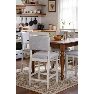 Sunvega White Finish Light Gray Upholstered Counter Height Pub Chairs Set of 2