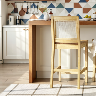 Sunvega Transitional Solid Wood and Rattan Counter Stool Set with Woven Upholstery