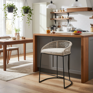 Sunvega Woven Rope Back Upholstered Cushioned Counter Stool with Iron Base