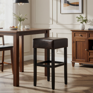 Sunvega 30-Inch Brown Faux Leather Backless Bar Stool with Sturdy Rubberwood Legs