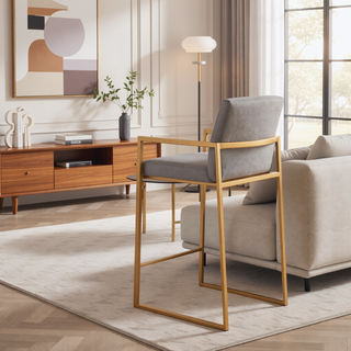 Sunvega Contemporary High Back Counter Stool Set of 3 in Gold Steel Grey Fabric