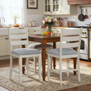 Sunvega Farmhouse Dining Set of 2 Counter Height Chairs with Antique White Finish