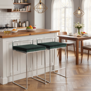 Sunvega Contemporary Stackable Counter Stool with Green Velvet Cushion and Stainless Steel Frame