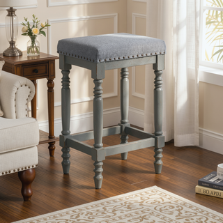 Sunvega Distressed Wooden Farmhouse Barstools with Faux Leather Seat, Counter-Height
