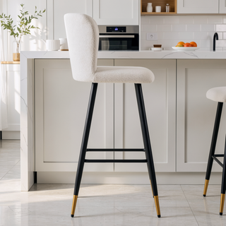 Sunvega Modern Barstool with White Fabric Seat and Black Gold-Tipped Metal Legs