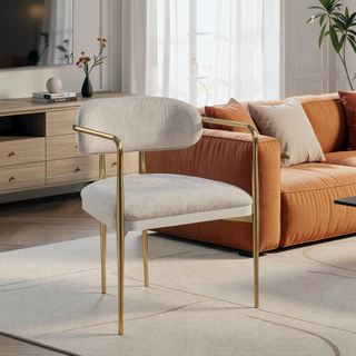 Sunvega Beige Chenille and Gold Arm Chair Set with Metal Legs and Marble Top