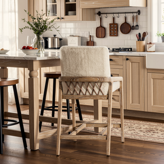 Sunvega Rustic Solid Ash Wood Upholstered Counter Stool with Rope Detail