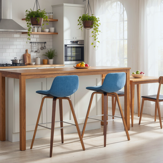 Sunvega Mid Century Modern Bentwood Counter Bar Stool Set with Blue Linen Look Upholstery