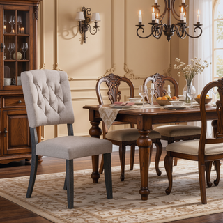 Sunvega Transitional Dining Chairs Set of 2 with Tufted Back and Beige Linen Upholstery