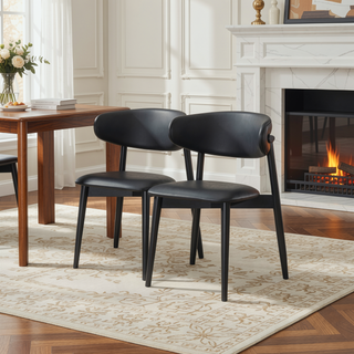 Sunvega Mid Century Modern Vegan Leather Dining Chair Set Of 2 With Black Faux Leather Upholstery