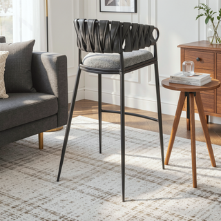 Sunvega Black Metal Bar Stool with Gray Faux Leather Back and Fabric Seat