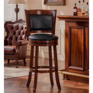 Sunvega Dark Cherry Finish Swivel Bar Chair with Black Faux Leather Upholstery