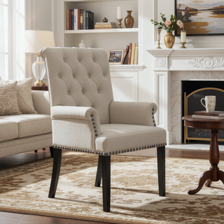 Sunvega Norwich Sand Upholstered Dining Arm Chair with Button-Tufted Back and Nailhead Trim