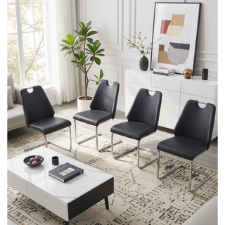 Sunvega White Faux Leather Dining Chairs Set of 2 with Gold Mesh Texture and Chrome Handle