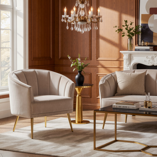 Sunvega Gold Metal Legs Champagne Velvet Upholstered Tania Accent Chair with Tufting