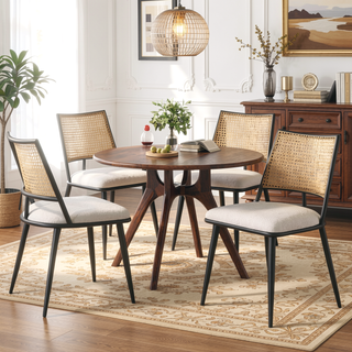 Sunvega Mid-Century Modern Dining Chairs with Rattan Backrest & Thick Boucle Cushion