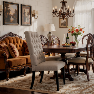 Sunvega Tan Linen Vintage Black Finish Button Tufted Side Chairs Set of 2
