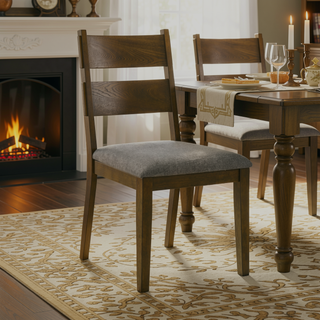 Sunvega Set of Two Dining Chairs with Gray Fabric Seat and Brown Wood Legs