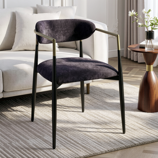 Sunvega Black Chenille Side Chair with Golden Armrests and Padded Seat Set of 2