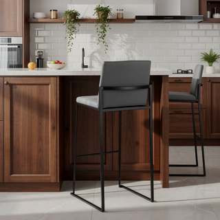 Sunvega Fuji Contemporary High Back Barstool Set of 2 in Black Steel and Grey Faux Leather
