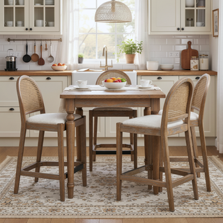 Sunvega Natural Oak and Cane Rattan Counter Stools with Black Boucle Upholstery