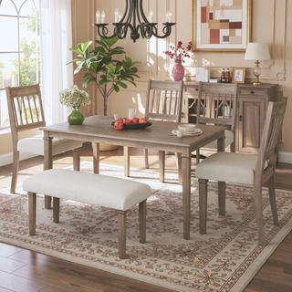 Sunvega Classic Country Style Rubber Wood Dining Table Set with Bench and Chairs