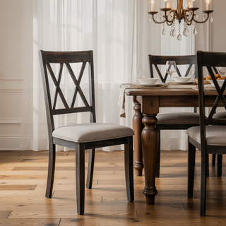 Sunvega Weathered Grey Cross Back Side Chairs with Beige Upholstered Seat Set of 2