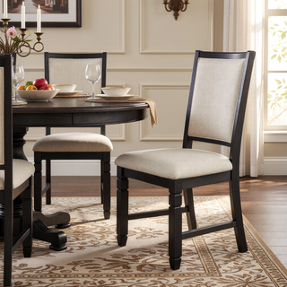 Sunvega Black Finish Wooden Side Chairs with Beige Textured Fabric Upholstery
