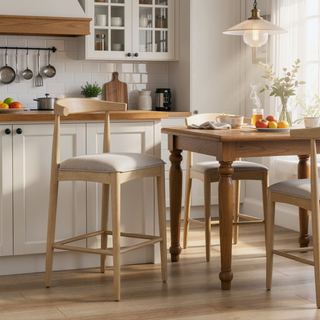 Sunvega Mid-Century Modern Rubberwood Counter Stool with Curved Backrest and Puffy Seat