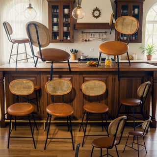Sunvega Industrial Style Metal Bar Stools with Faux Leather Seat and Rattan Backrest
