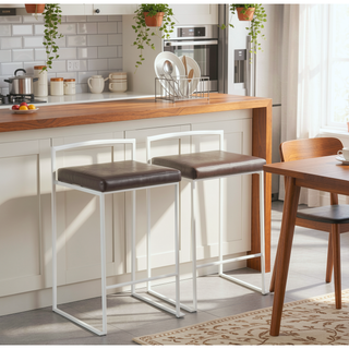Sunvega Contemporary Stackable Counter Stool with White Frame and Brown Faux Leather Cushion