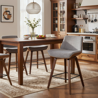 Sunvega Mid-Century Modern Walnut Wood and Light Grey Fabric Counter Stool