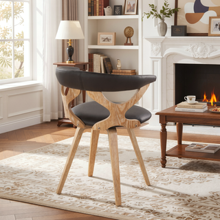 Sunvega Mid-Century Modern Dining Chair in White Washed Wood and Brown Faux Leather