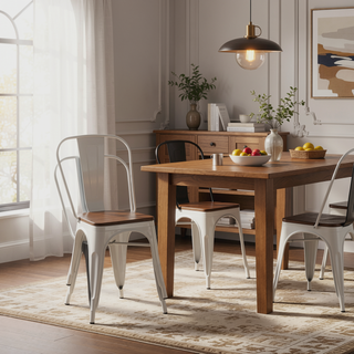 Sunvega High Gloss White with Walnut Wooden Seat Industrial Metal Dining Chairs Set of 2