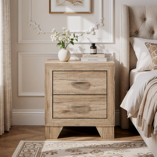 Sunvega Natural Finish Contemporary Nightstand with Two Drawers and Metal Handles