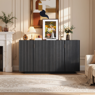 Sunvega Antique Navy Buffet Cabinet with 4 Fluted Doors and Adjustable Shelves