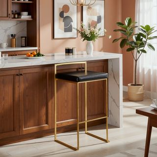 Sunvega Glam Contemporary Barstool with Black Faux Leather and Gold Frame Set of 2